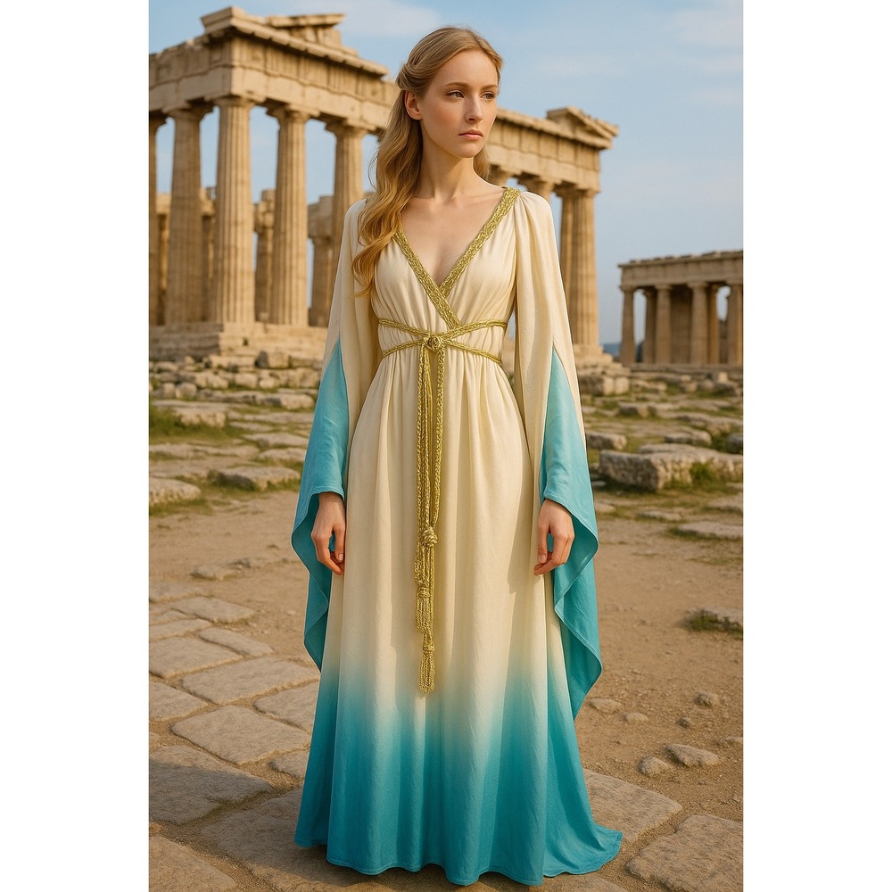 Fun World Goddess Costume Dress Adult‎ S/M 2-8 Ivory Blue Ombre Gown Gold Belt
